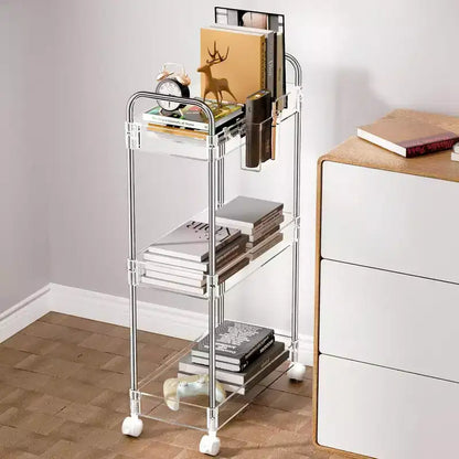 Carrito de almacenamiento acrílico rodante de 3 niveles en transparente/gris/verde/naranja con ruedas, para 1 persona