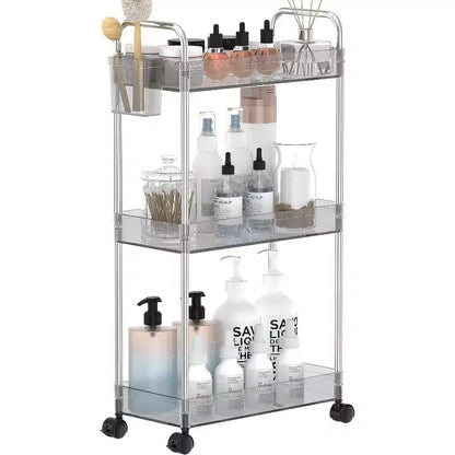 Carrito de almacenamiento acrílico rodante de 3 niveles en transparente/gris/verde/naranja con ruedas, para 1 persona