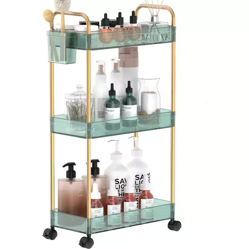 Carrito de almacenamiento acrílico rodante de 3 niveles en transparente/gris/verde/naranja con ruedas, para 1 persona