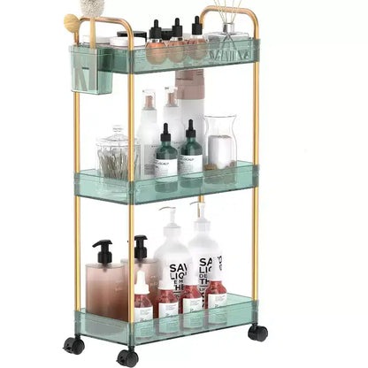 Carrito de almacenamiento acrílico rodante de 3 niveles en transparente/gris/verde/naranja con ruedas, para 1 persona