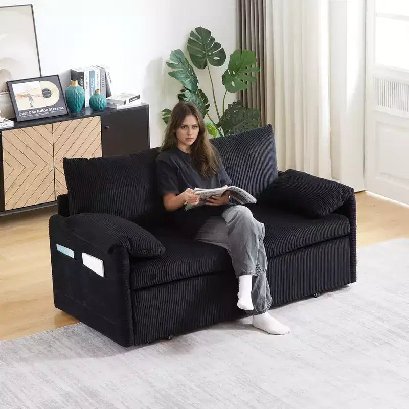Sofá cama convertible 3 en 1 de pana (negro/gris/verde), para 3 personas