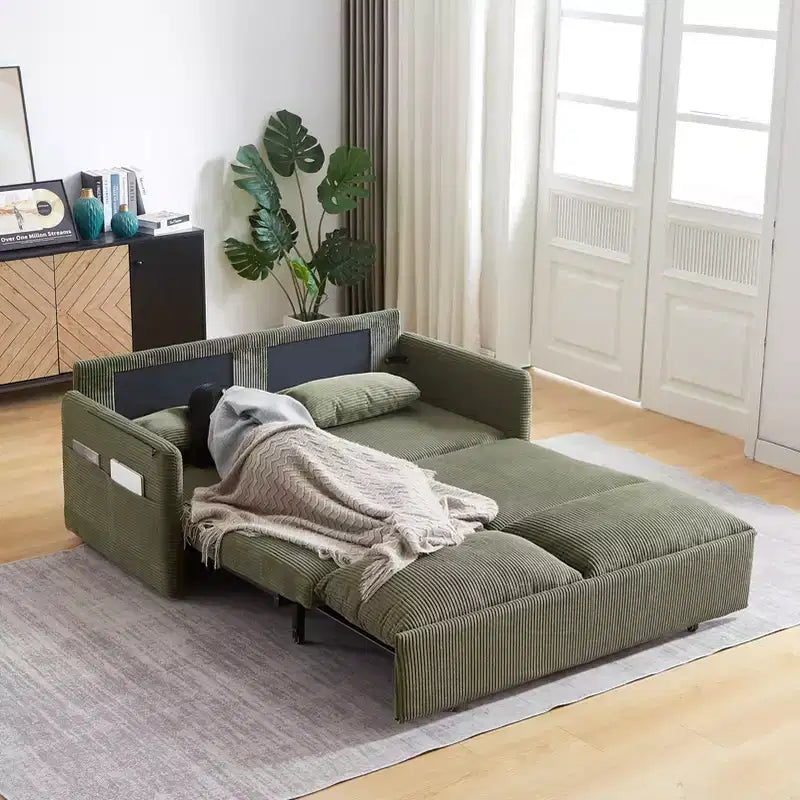 Sofá cama convertible 3 en 1 de pana (negro/gris/verde), para 3 personas