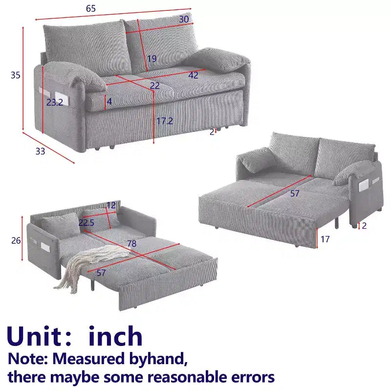 Sofá cama convertible 3 en 1 de pana (negro/gris/verde), para 3 personas