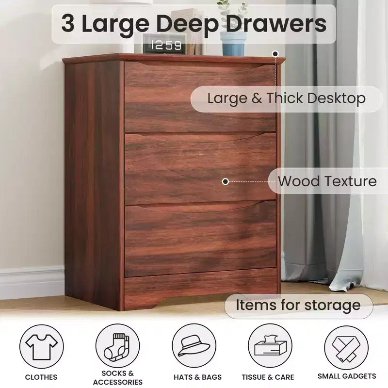 Cómoda de madera de 3 cajones, Negro / Marrón / Caqui / Blanco, Individual