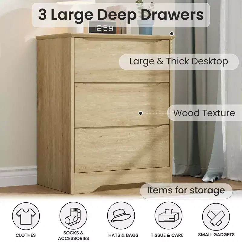 Cómoda de madera de 3 cajones, Negro / Marrón / Caqui / Blanco, Individual