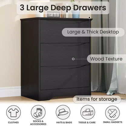 Cómoda de madera de 3 cajones, Negro / Marrón / Caqui / Blanco, Individual