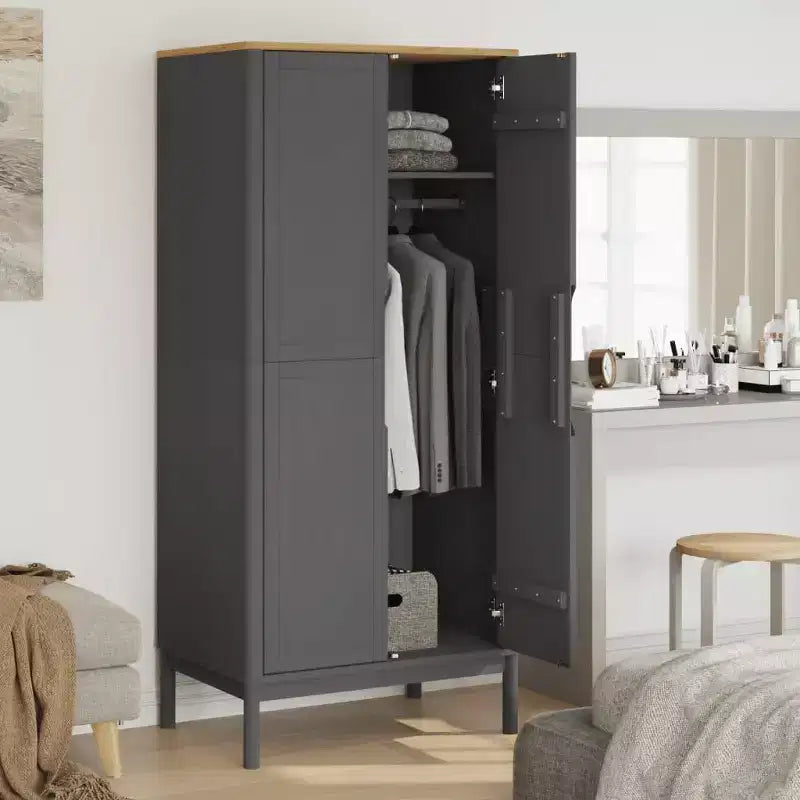 Armario gris de una puerta de madera maciza de pino para 1 persona