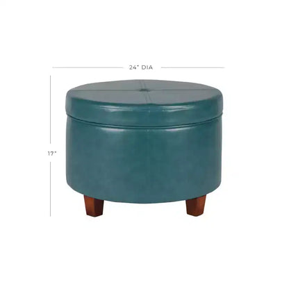 Puf otomano de almacenamiento redondo verde azulado, piel sintética, asiento para 1 persona