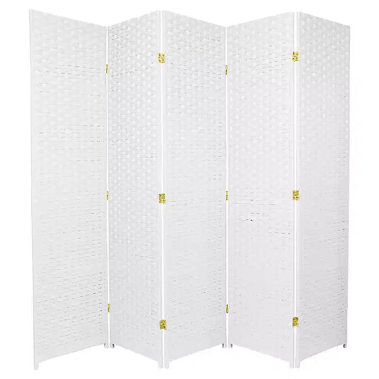 Oriental Furniture 6' Tall 5 Panel Woven Fiber Room Divider White: Hardwood Frame, No Assembly Required