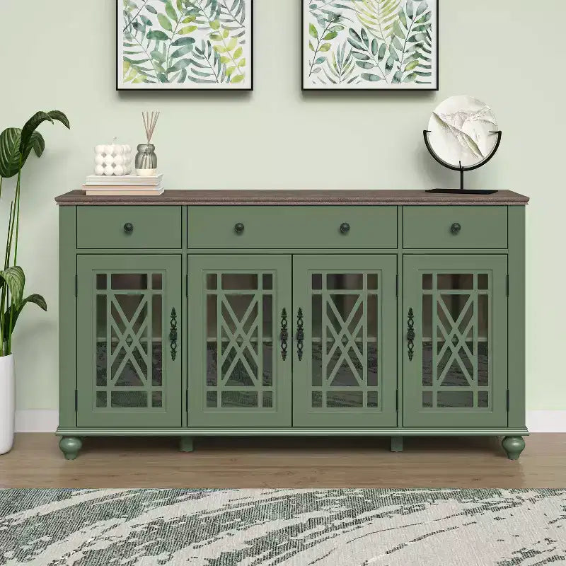 Aparador verde vintage con cajones, 4 puertas