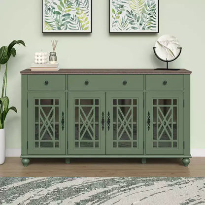 Aparador verde vintage con cajones, 4 puertas