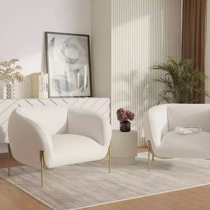 Sillón Acentual de Terciopelo Gris Claro / Blanco, Asiento Individual, Patas de Metal Dorado