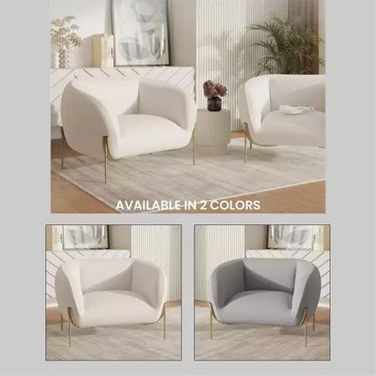 Sillón Acentual de Terciopelo Gris Claro / Blanco, Asiento Individual, Patas de Metal Dorado