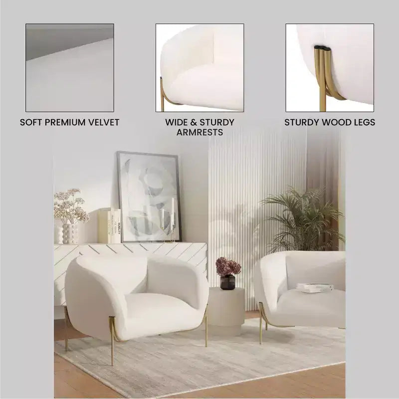 Sillón Acentual de Terciopelo Gris Claro / Blanco, Asiento Individual, Patas de Metal Dorado