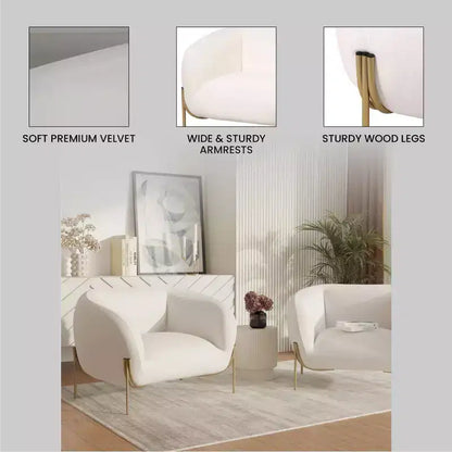 Sillón Acentual de Terciopelo Gris Claro / Blanco, Asiento Individual, Patas de Metal Dorado