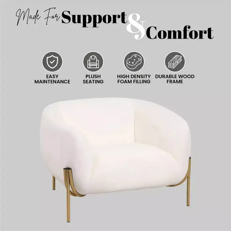 Sillón Acentual de Terciopelo Gris Claro / Blanco, Asiento Individual, Patas de Metal Dorado