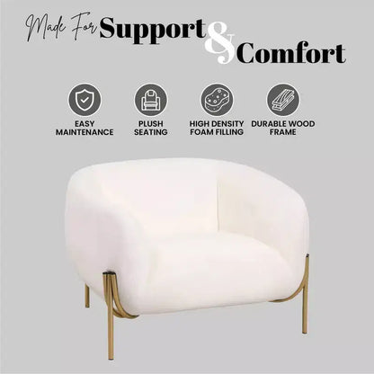 Sillón Acentual de Terciopelo Gris Claro / Blanco, Asiento Individual, Patas de Metal Dorado