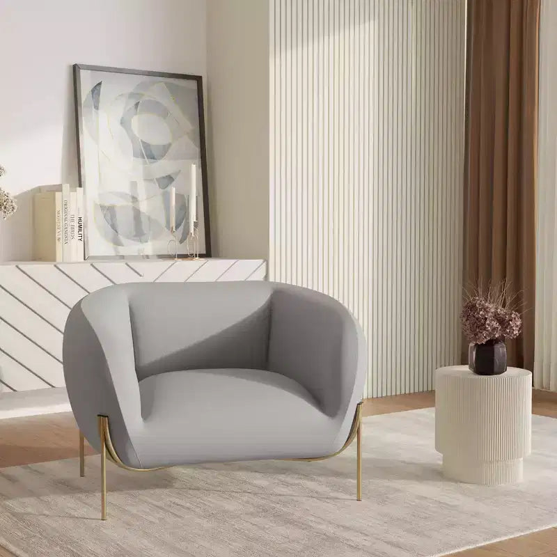 Sillón Acentual de Terciopelo Gris Claro / Blanco, Asiento Individual, Patas de Metal Dorado
