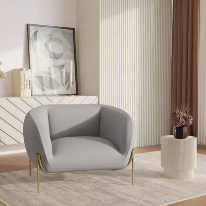 Sillón Acentual de Terciopelo Gris Claro / Blanco, Asiento Individual, Patas de Metal Dorado