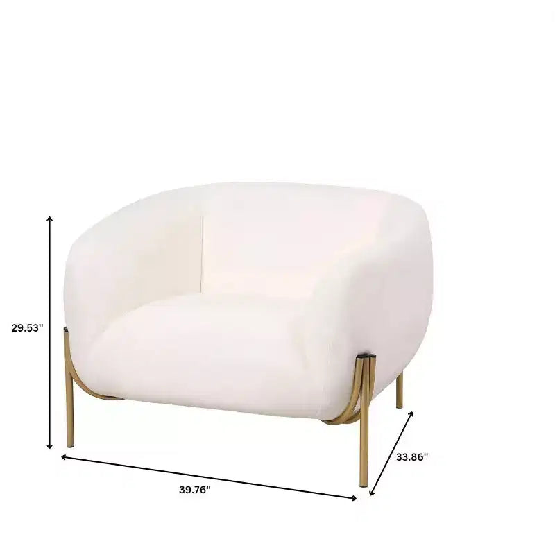 Sillón Acentual de Terciopelo Gris Claro / Blanco, Asiento Individual, Patas de Metal Dorado