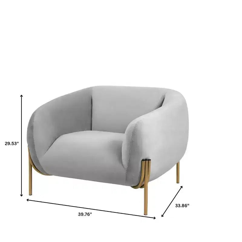 Sillón Acentual de Terciopelo Gris Claro / Blanco, Asiento Individual, Patas de Metal Dorado
