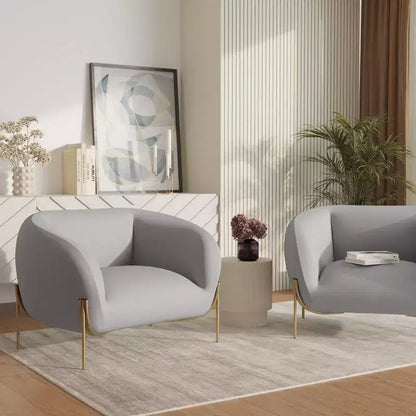 Sillón Acentual de Terciopelo Gris Claro / Blanco, Asiento Individual, Patas de Metal Dorado