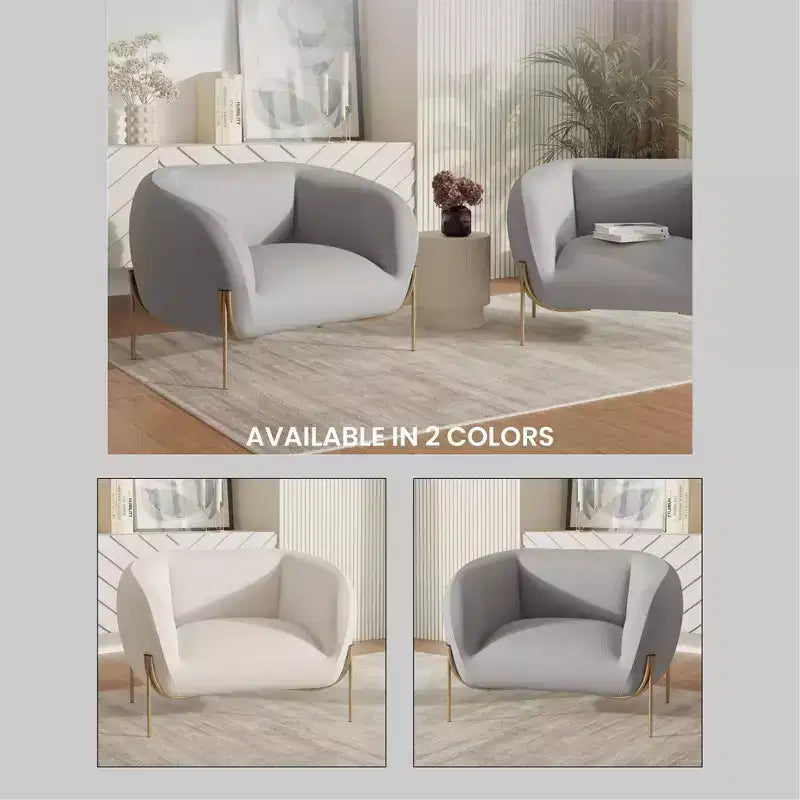 Sillón Acentual de Terciopelo Gris Claro / Blanco, Asiento Individual, Patas de Metal Dorado