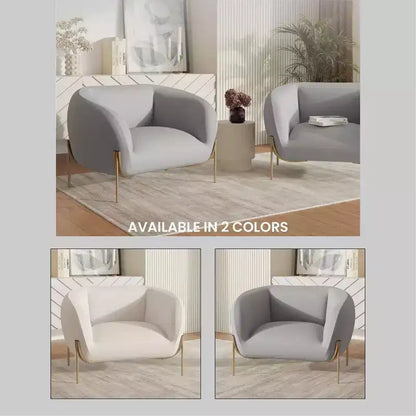 Sillón Acentual de Terciopelo Gris Claro / Blanco, Asiento Individual, Patas de Metal Dorado