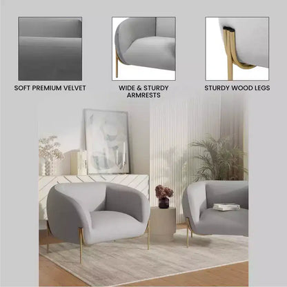 Sillón Acentual de Terciopelo Gris Claro / Blanco, Asiento Individual, Patas de Metal Dorado