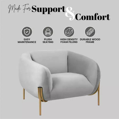 Sillón Acentual de Terciopelo Gris Claro / Blanco, Asiento Individual, Patas de Metal Dorado