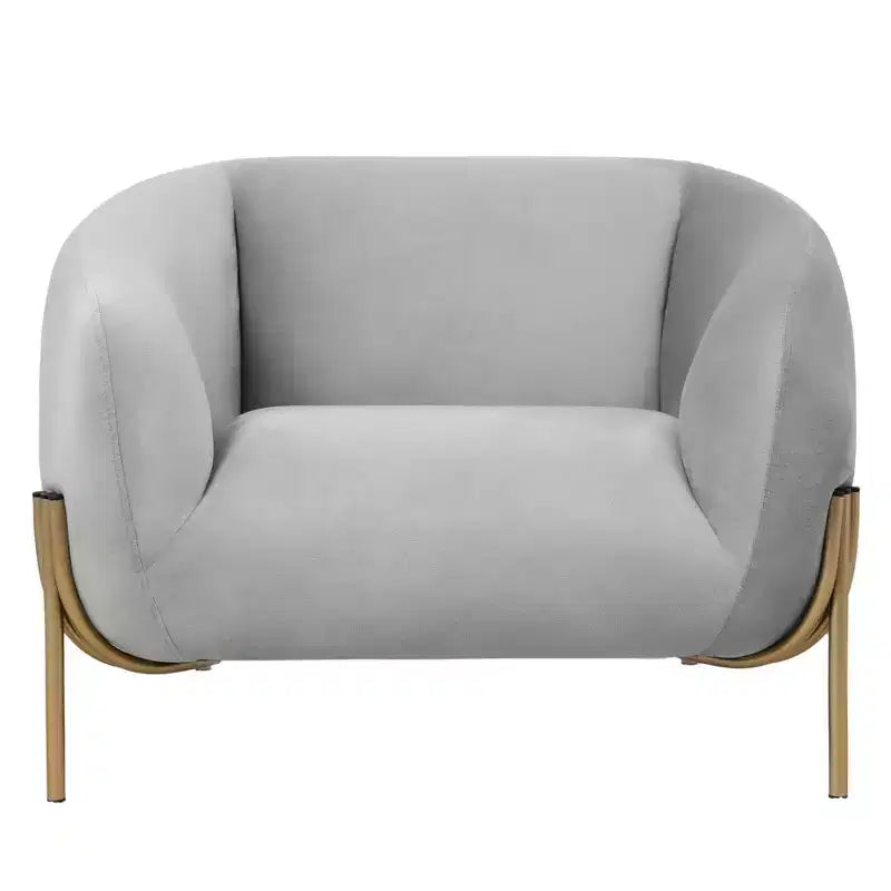Sillón Acentual de Terciopelo Gris Claro / Blanco, Asiento Individual, Patas de Metal Dorado