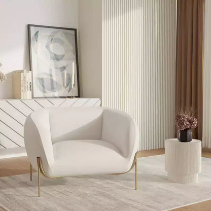 Sillón Acentual de Terciopelo Gris Claro / Blanco, Asiento Individual, Patas de Metal Dorado