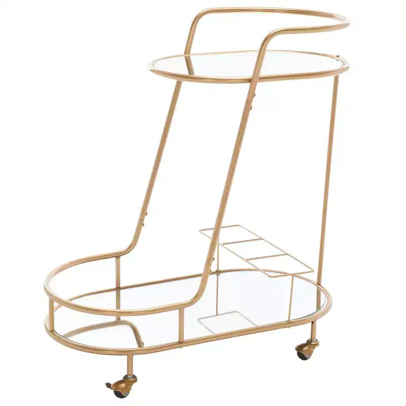 Carrito Bar Ovalado Dorado de 2 Niveles con Estantes de Espejo – Uso Individual