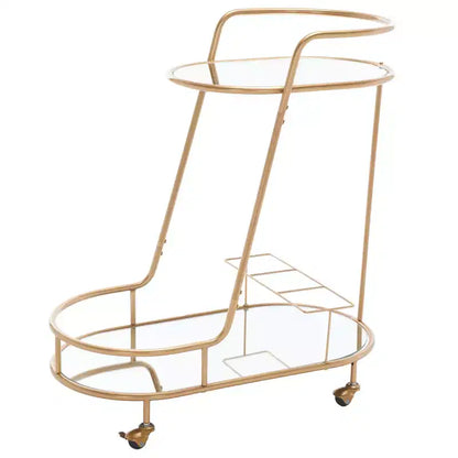 Carrito Bar Ovalado Dorado de 2 Niveles con Estantes de Espejo – Uso Individual