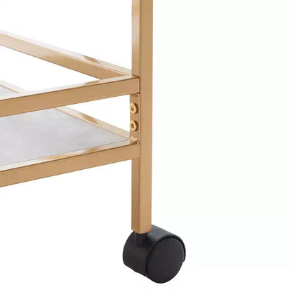 Carrito de bar de 3 niveles negro mate / dorado mate con estantes de imitación de mármol blanco
