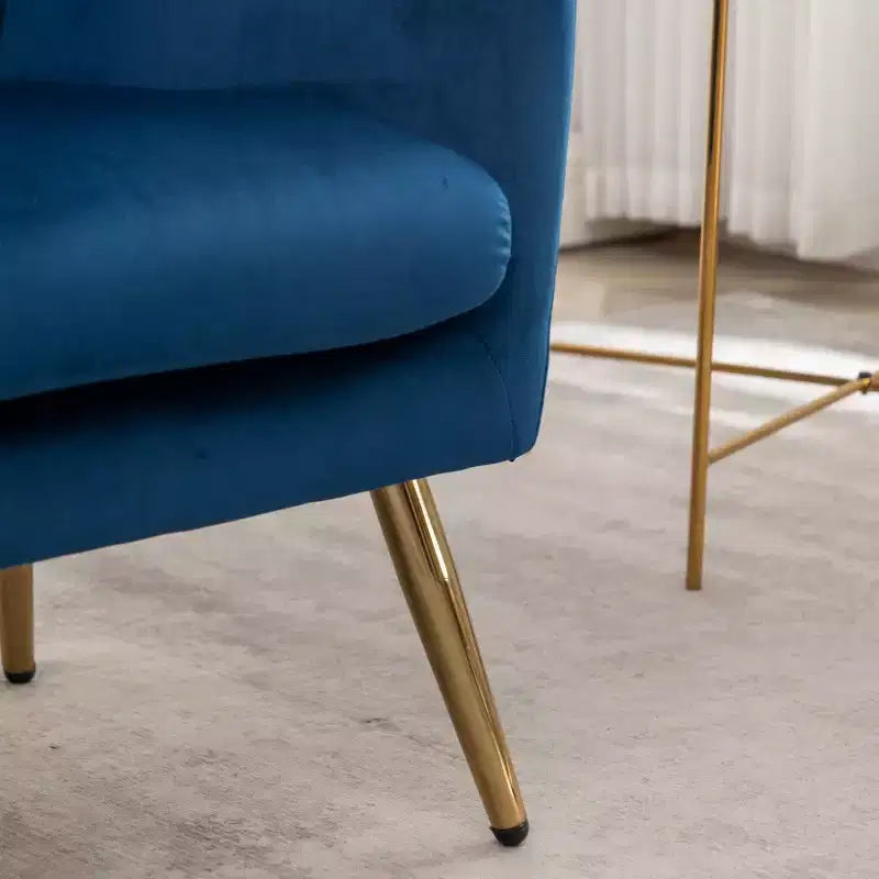 Sillón decorativo de terciopelo azul con respaldo de ala y capitoné, 1 asiento