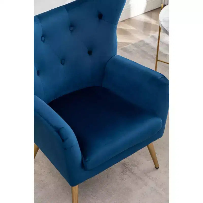 Sillón decorativo de terciopelo azul con respaldo de ala y capitoné, 1 asiento