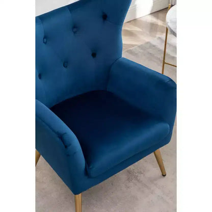 Sillón decorativo de terciopelo azul con respaldo de ala y capitoné, 1 asiento