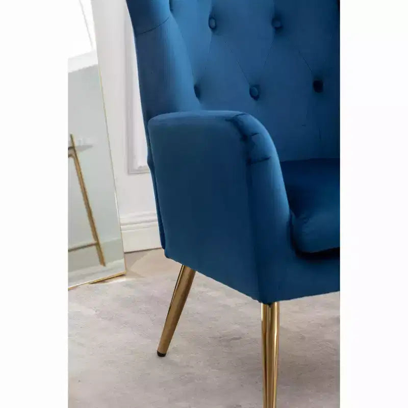 Sillón decorativo de terciopelo azul con respaldo de ala y capitoné, 1 asiento