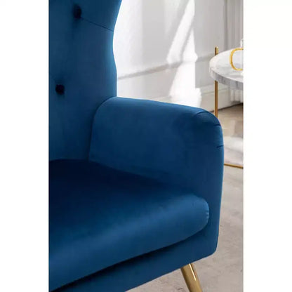 Sillón decorativo de terciopelo azul con respaldo de ala y capitoné, 1 asiento