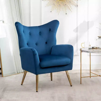 Sillón decorativo de terciopelo azul con respaldo de ala y capitoné, 1 asiento