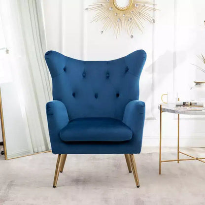Sillón decorativo de terciopelo azul con respaldo de ala y capitoné, 1 asiento