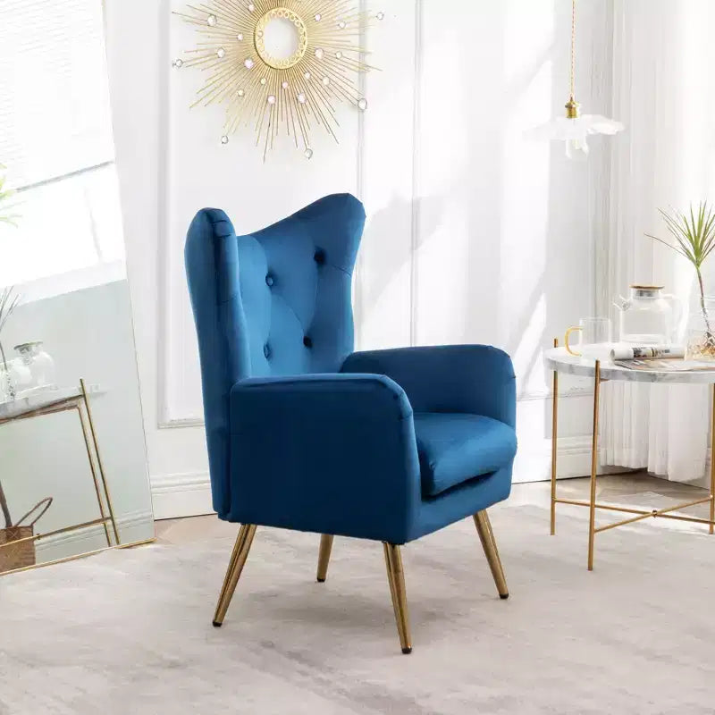 Sillón decorativo de terciopelo azul con respaldo de ala y capitoné, 1 asiento