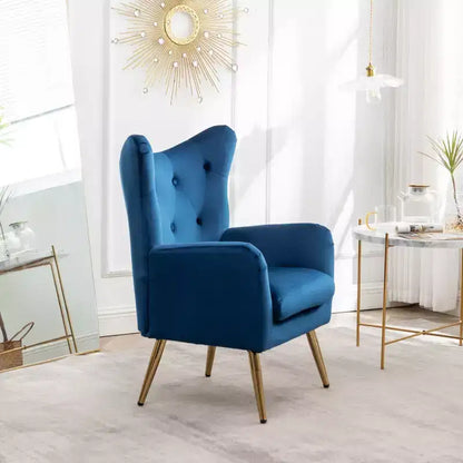 Sillón decorativo de terciopelo azul con respaldo de ala y capitoné, 1 asiento