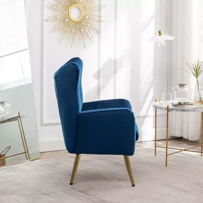 Sillón decorativo de terciopelo azul con respaldo de ala y capitoné, 1 asiento