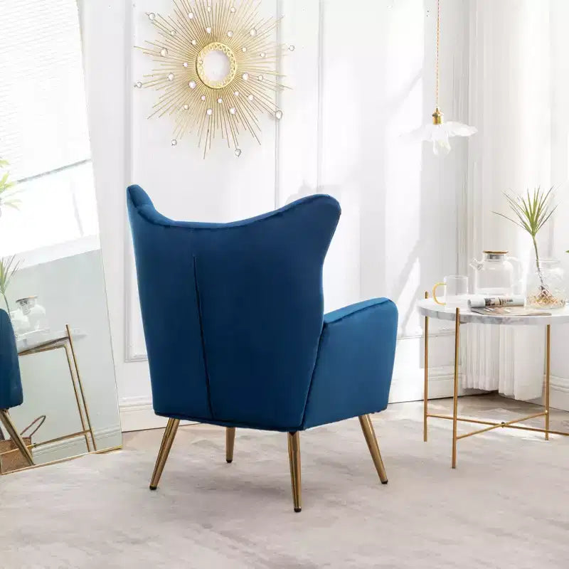 Sillón decorativo de terciopelo azul con respaldo de ala y capitoné, 1 asiento