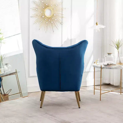 Sillón decorativo de terciopelo azul con respaldo de ala y capitoné, 1 asiento