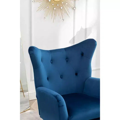 Sillón decorativo de terciopelo azul con respaldo de ala y capitoné, 1 asiento